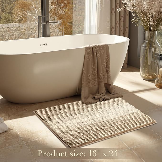 BSICPRO Bathroom Rugs, 20x32 Chenille Bath Mats, Tan | Extra Soft Absorbent, Non Slip Striped, Quick Dry Machine Washable, Shower Rug for Bathroom Bedroom Decor