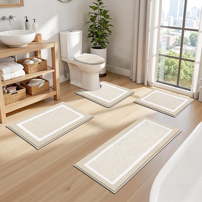 Pauwer Bathroom Rugs Sets 5 Piece, Microfiber Bath Mats, Light Beige | Non Slip Washable U Shaped Toilet Rug, Long Shower Runner, Toilet Lid Cover, Quick Dry Absorbent Plush Floor Carpet