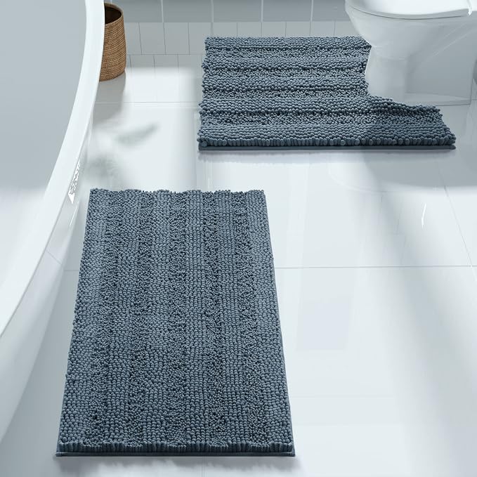 Yimobra U Shaped Toilet Rug Set, Absorbent Chenille, 24x17+24x20, Denim Blue