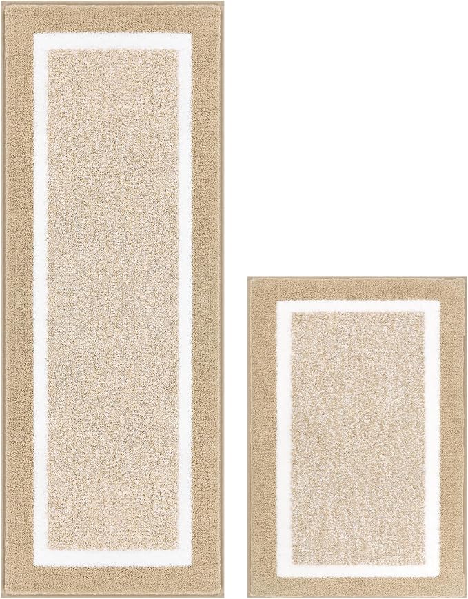 Pauwer Bathroom Rugs Sets 2 Piece, Non Slip Washable Bath Mat, Beige | Soft Plush Microfiber, Super Absorbent Floor Carpet, Quick Dry, Shaggy Shower Rug Runner