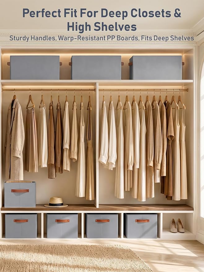 8 Pack Large Closet Storage Baskets Bins for Shelves, Collapsible Fabric Closet Organizers and Storage with Polyester Handles, Decorative Baskets for Organizing Clothes, Towels, Linen Closet 16x12x10"
