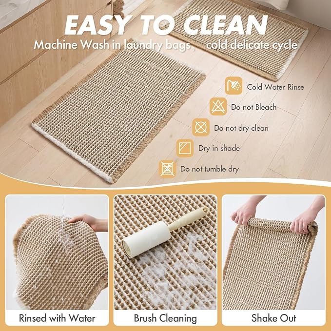 MIULEE Set of 2 Waffle Bathroom Rugs Boho Bath Mat Brown&White 20x32 Inch | Non Slip, Super Absorbent, Washable, Ultra Soft, Rubber Backed Bath Rugs for Bathroom Floor Tub Shower
