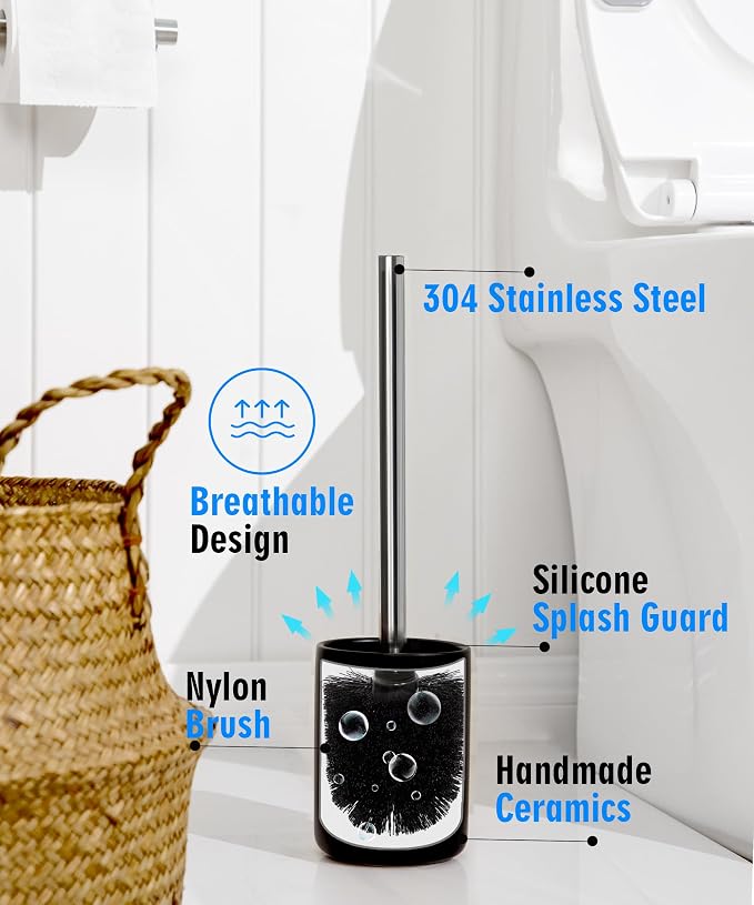 Ceramic Toilet Brush and Holder Set, Toilet Bowl Cleaner Brush | Freestanding Deep-Cleaning, Stainless Steel Handle, Small & Sturdy for Storage, Easy to Clean, Non-Scratching