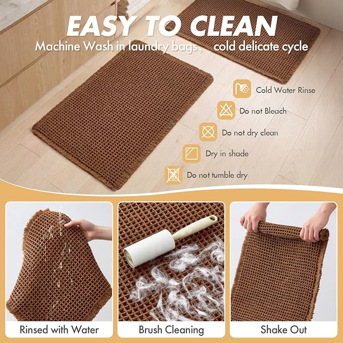 MIULEE Set of 2 Waffle Bathroom Rugs Boho Bath Mat Caramel 17"x24"+20"x32" | Non Slip, Super Absorbent, Washable, Ultra Soft, Rubber Backed Bath Rugs for Bathroom Floor Tub Shower