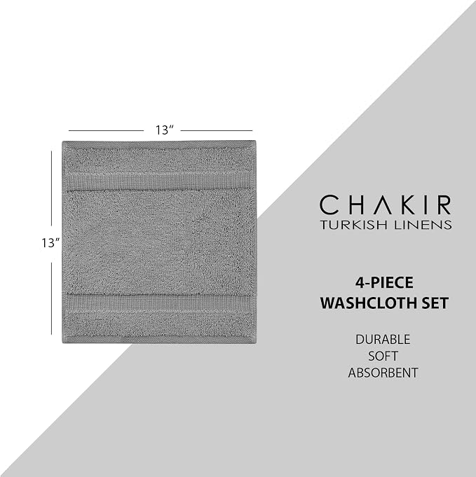 Chakir Turkish Linens 100% Cotton 4-Pack Washcloths 13x13, Gray | 100% cotton washcloths, 4-pack 13x13, OEKO-TEX certified, soft absorbent face towels