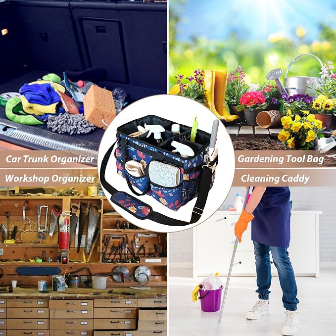 Cleaning Caddy Bag, Cleaning Caddy Organizer With Handle - Large Caddy Bag For House, Car, And Bathroom Cleaning Supplies, Housekeeping Handbag With Adjustable Shoulder Straps (Blue)