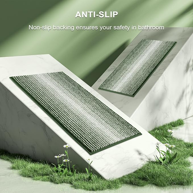 Bathroom Rugs Sets 2 Piece, Non Slip Striped Bath Mat, Hunter Green | 20"x60" Plus 20"x32", Soft Absorbent Chenille, Quick Dry Machine Washable, Shower Rug for Bathroom Floor, Tub, Bedroom Decor