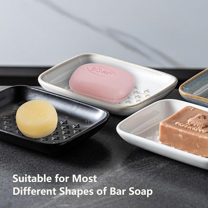 Gomakren Ceramic Soap Dish for Bar Soap 5.5in Cross Soap Saver Tray, Beige | Prevents soggy soap, non-slip bottom, easy to clean, bathroom soap holder, multi-use for sink shower, sponge butter & jewelry
