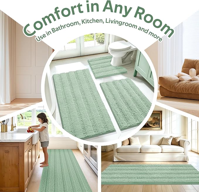 Christmas Striped Sage Green Bathroom Rug Mat Set 2 piece 24"x17"+48"x20" Ultra Soft, Non Slip Chenille Bath Rugs, Absorbent Plush Shaggy Bath Mats for Bathroom, Bedroom, Kitchen, Shower, Tub