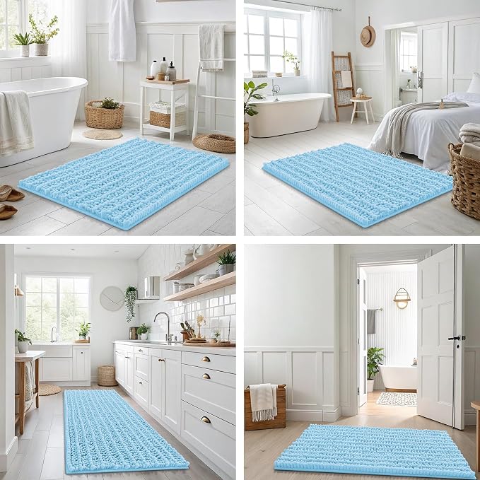 Smiry Bathroom Rugs 30X20, Extra Soft Rubber Backing Chenille Bath Mats | Sky Blue Machine Washable Non Slip Quick Dry Bath Mats for Bathroom Floor, Tub, Shower, Home Decor Accessories