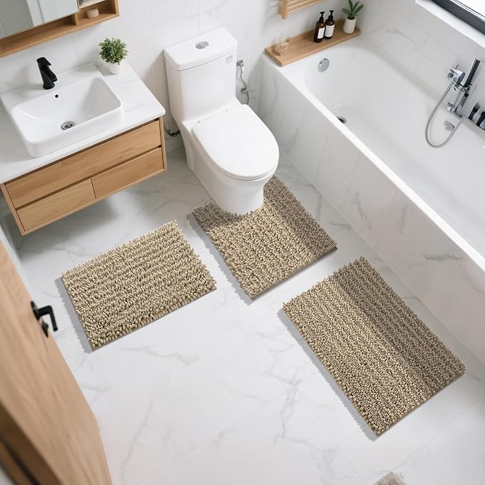 Yimobra Bathroom Rugs Sets 2 Piece - Quick Dry Extra Thick Luxury Chenille Bath Mat, Non Slip Super Absorbent for Tub Shower Sink, Machine Washable Shaggy Floor Mat, 32"x20"+24"x17" Inch, Pale Khaki