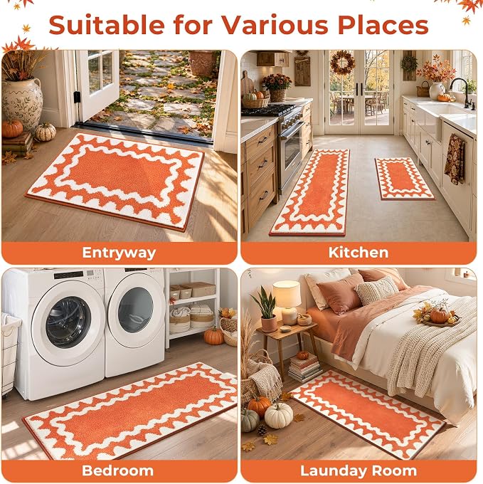 Findosom Fall Bathroom Rugs Sets 3 Piece, Absorbent Non-Slip Bath Rug Set | Washable Soft Microfiber Shaggy Scalloped Fall Bath Mat Set with Bathroom Runner Rug, U-Shaped Toilet Rugs, Shower Rug,Orange