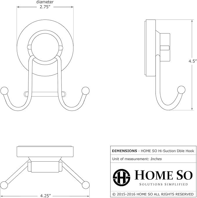 HOME SO Suction Cup Hooks for Shower & Bathroom Towel Holder 2-Pack – Suction Cups Hooks for Hanging Towels, Robes, & Coats - Tiles, Glass Door or Mirror – Shower and Towel Hooks - Chrome, Stainless