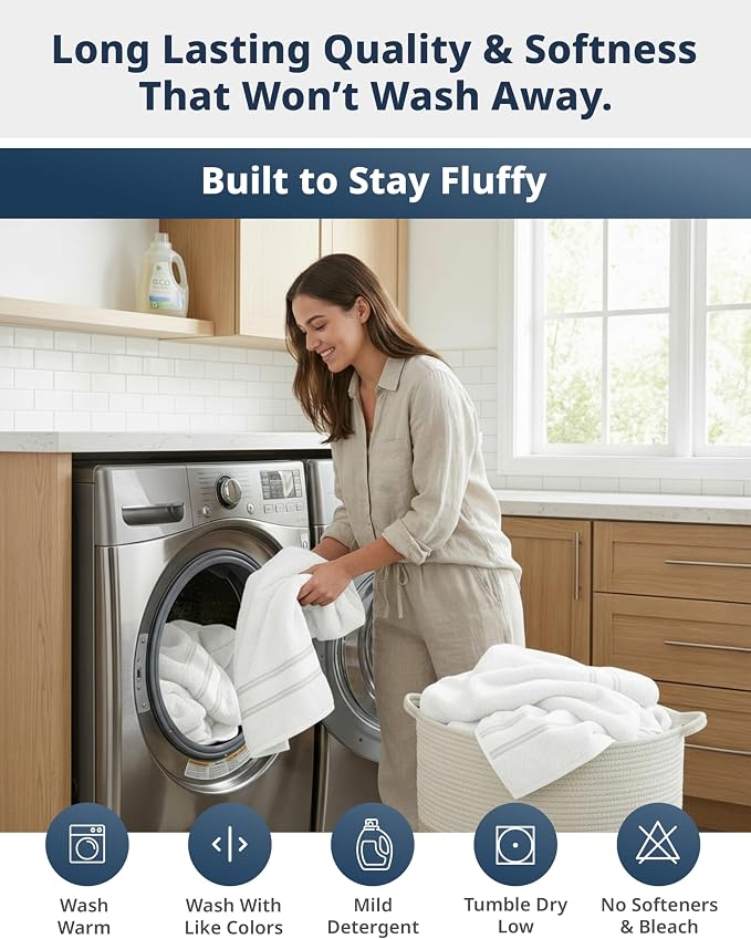 LANE LINEN Large Bath Towel Set Absorbent Quick Dry 100% Cotton - White | Bath Towels Set Of 4 - Fade-Resistant Color, Classic Terry Weave, Densely Woven, Coordinated Colors, Dobby Border Accent