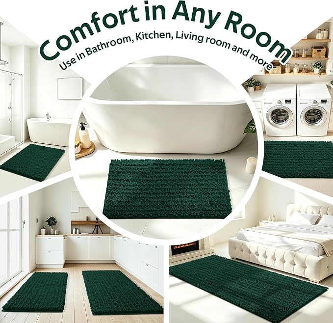 ACCUMTEK Upgrade Extra Large Deep Green Bathroom Rug Set 3 Pieces Ultra Soft, Thick Absorbent Bath Mats, Non Slip Chenille Toilet Mat for Bathroom, Bedroom, Kitchen