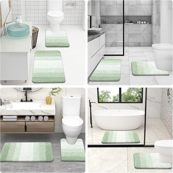 OLANLY Micorfiber Bathroom Rug Set 2 Piece, 24"x16"+U-Shaped 24"x20" | Sage Green, Soft Absorbent Bath Mats and Contour Toilet Rug, Non-Slip, Machine Wash Dry, Plush Shaggy Bath Mats for Bathroom