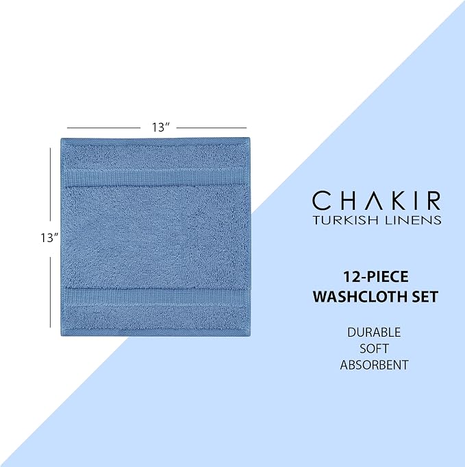 Chakir Turkish Linens 100% Cotton 12-Pack Washcloths 13x13, Wedgewood | 100% cotton washcloths, 12-pack 13x13, OEKO-TEX certified, soft absorbent face towels