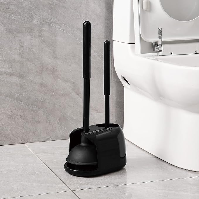 Eyliden Toilet Plunger and Brush Set, 2-in-1 Compact Holder | Unclogs Toilets, Deep Cleans Bowls, Nylon Bristles, Rubber Cup, Durable Plastic Caddy, Space-Saver, Bathroom Cleaning Tools