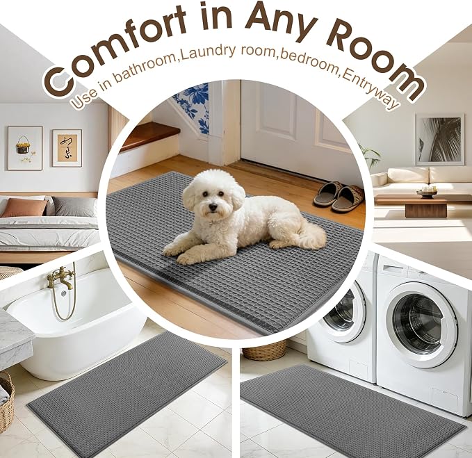 Memory Foam Bath Mat, Ultra Soft Absorbent Waffle Bathroom Rugs, Super Non-Slip PVC Backing Bath Rug Quick Dry, Machine Washable Rug for Tub, Shower, Home Decor Accessory, 32" x 20", Dark Gray