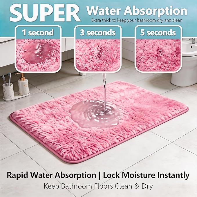 Shaggy Bathroom Rugs Set Plush Velvet Bath Rugs Non-Slip Bath Mat Set 3 Piece,Washable Mats,Absorbent Shaggy Rugs Super Soft U-Shaped Toilet Rug,Bahroom Carpets for Bathroom,Tub,Shower(Light Pink