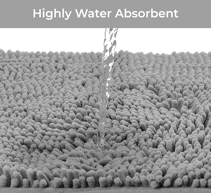 Bathroom Rugs Sets 2 Piece, Luxury Chenille Bath Mat Set, Soft Plush Anti-Slip Bath Rug + U-Shaped Toilet Mat. Microfiber Shaggy Carpet, Super Absorbent (24” x 36” & 20” x 24” U, Light Grey)