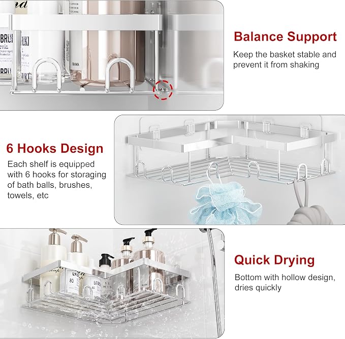 Liuoud Corner Shower Caddy 5 Pack, Rustproof Stainless Steel Shower Organizer with Soap Rack Toothbrush Holder, Large Capacity Adhesive No Drilling Bathroom Kitchen&Home Decor Set, Silver
