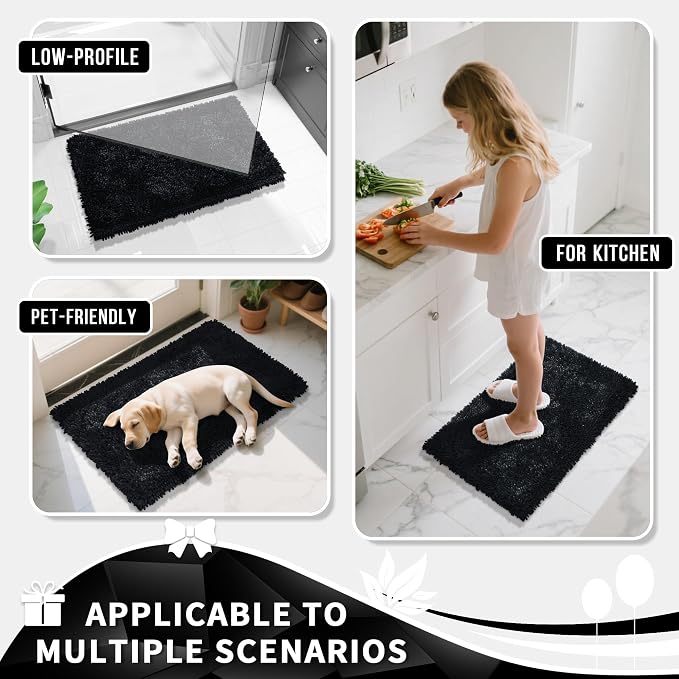 Yimobra Bathroom Rugs Sets 2 Piece, Soft Absorbent Bath Mat and U-Shaped Toilet Rug with Non Slip Backing, Luxury Shaggy Bath Mats for Bathroom, Machine Washable, 31.5"x20"+24"x20", Black