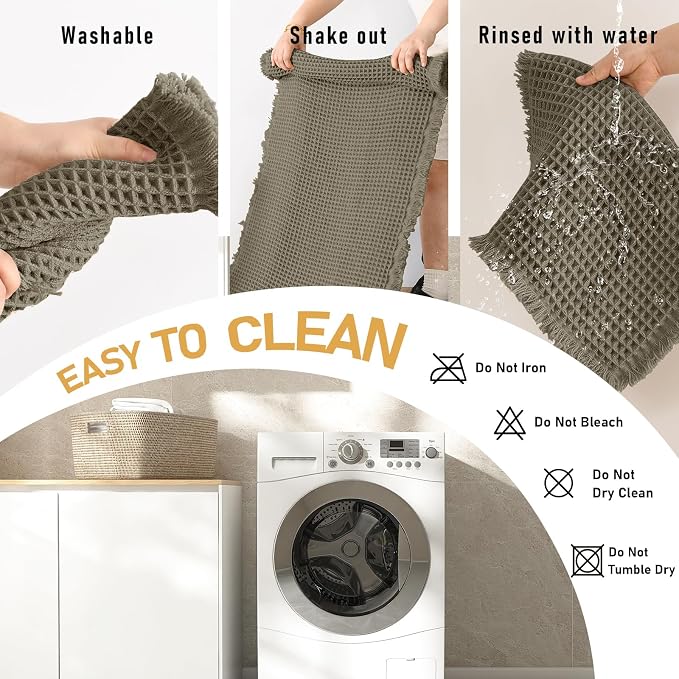 JIUZHEN Set of 2 Waffle Bath Mats Boho Bath Rugs 16x24&20x32, Olive Green | Non Slip, Super Absorbent, Washable, Ultra Soft, Fast Drying Waffle Bathroom Rugs for Bathroom Floor, Tub, Shower