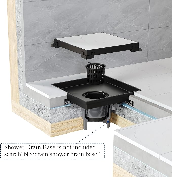 Neodrain Square Shower Drain with Removable Tile Insert Grate,304 Stainless Steel, CUPC Certified, Includes Hair Strainer (Matte Black, 6 in)