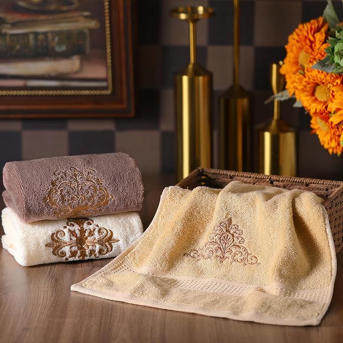 3 Pcs Vintage Brown Hand Towels Fancy Bathroom Decor | Embroidered Scroll Flower Design, 100% Cotton, Brown Bathroom Kitchen Decor, Absorbent Towels, Holiday Housewarming Gifts