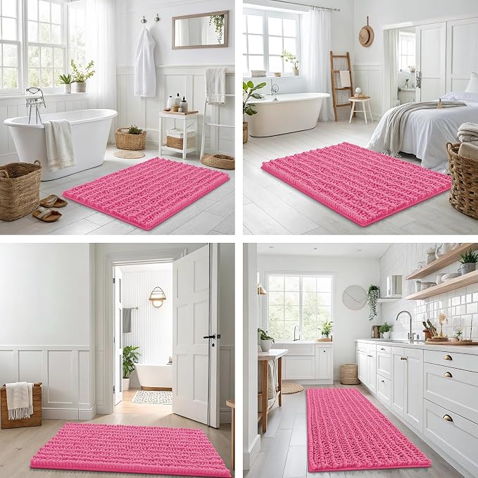 Smiry Bathroom Rugs 59X24, Extra Soft Rubber Backing Chenille Bath Mats | Hot Pink Machine Washable Non Slip Quick Dry Bath Mats for Bathroom Floor, Tub, Shower, Home Decor Accessories