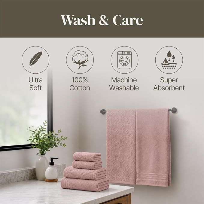 Modern Threads 6 Piece Cotton Bath Towel Set – Ultra Soft 550 GSM Towels – Bathroom Set with Hand Towels and Washcloths – Geometric (Blush)