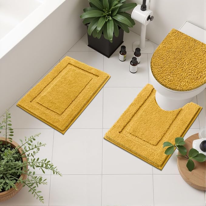 SHACOS 3 Pieces Bathroom Rugs with Toilet Lid Cover, Honey Mustard | Soft Absorbent, Non Slip, Washable, Microfiber, 16"x24"+U-Shape 20"x24"+Lid Cover19"x21"