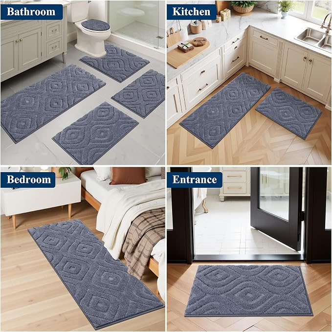Ileading Bathroom Rugs Sets 5 Piece, Non Slip Washable Bath Mat Set | Absorbent Plush Microfiber Bathroom Mat Set with Toilet Cover, Bath Runner and U-Shaped Contour Rug for Tub, Shower, Grey