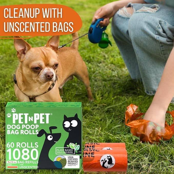 Pet N Pet Poop Bags for Dogs, 1080 Count, Plant Based, Unscented, Orange | 41%, 59% PE, Extra Thick, 9 x 13, Waste, Leak-Proof, Tear-Resistant, Easy-Tear Design, Durable, Reliable, dog waste bags