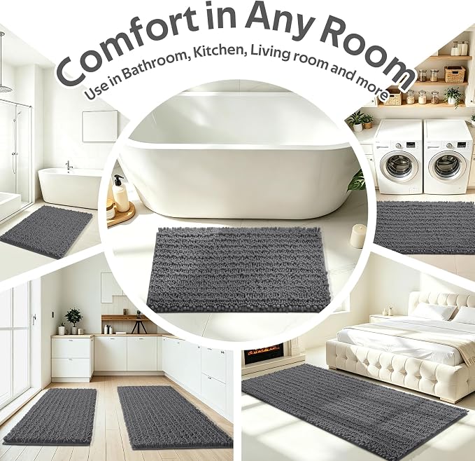 ACCUMTEK Upgrade Luxury 2 Piece Dark Gray Toilet Bathroom Rug Mat 48"x20"+24"x17", Ultra Soft Thick Absorbent Bath Mats, Non Slip Chenille Toilet Mat for Bathroom, Bedroom, Kitchen, Shower, Tub