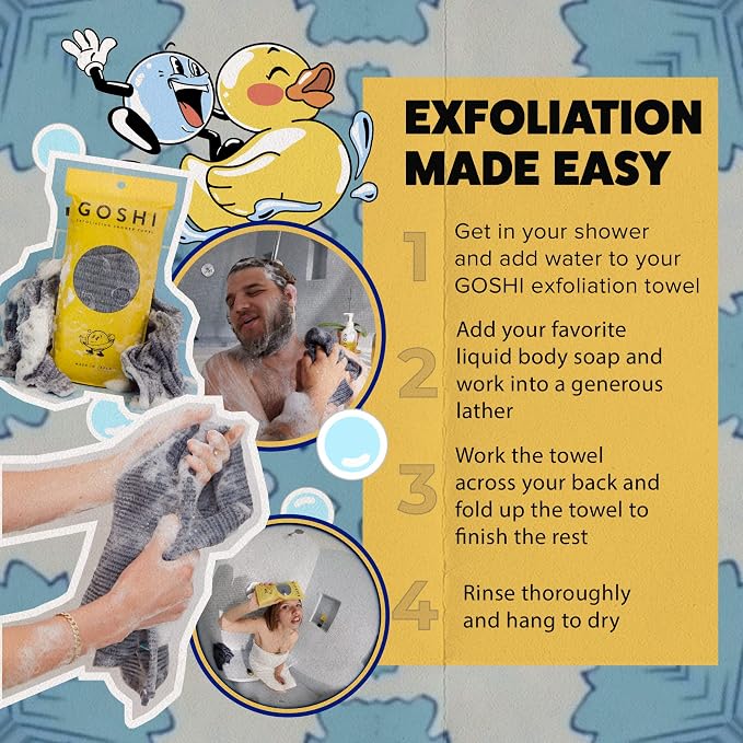 GOSHI Exfoliating Shower Towel - Long Body Scrubber, Grey | rip-resistant, rapid-drying, exfoliating long washcloth for all skin types to eliminate back acne and maintain smooth skin