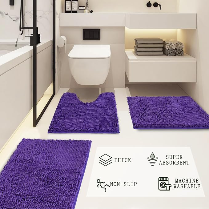 Bathroom Rugs Sets 3 Piece Non Slip,Bath Rugs with PVC Backing Bath Carpet,Bathroom Rug Washable,Absorbent,Plush Carpet Mats,Bath Mats for Bedroom, Kitchen,Tub,Home Decor (Purple)