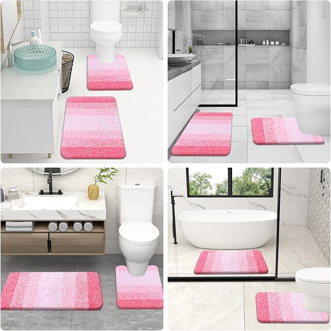 OLANLY Micorfiber Bathroom Rug Set 2 Piece, 24"x16"+U-Shaped 24"x20" | Pink, Soft Absorbent Bath Mats and Contour Toilet Rug, Non-Slip, Machine Wash Dry, Plush Shaggy Bath Mats for Bathroom