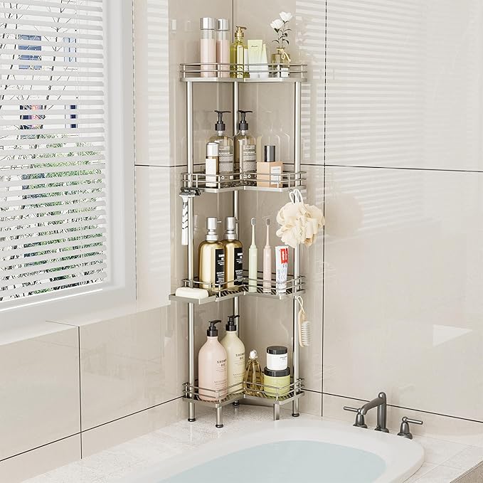 Consumest Corner Shower Caddy Standing - 4-Tier Stainless Steel Shower Organizer with Soap Holder and 4 Hooks, Large Capacity Corner Shelf Stand for Bathroom, Rest Room, Sand Nickel