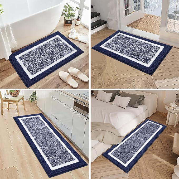 Pauwer Bathroom Rug Sets 3 Piece, Non Slip Washable Bath Mat, Navy | Soft Plush Microfiber, Super Absorbent Floor Carpet, U Shaped Toilet Mats, Quick Dry, Shaggy Shower Rugs Runners