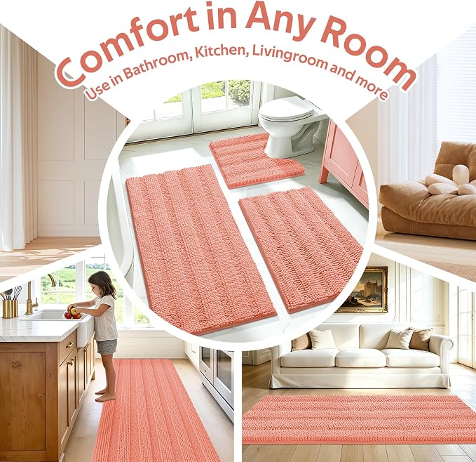 ACCUMTEK Striped Coral Bathroom Rug Mat Set 2 piece 24"x17"+48"x20" Ultra Soft, Non Slip Chenille Bath Rugs, Absorbent Plush Shaggy Bath Mats for Bathroom, Bedroom, Kitchen, Shower, Tub
