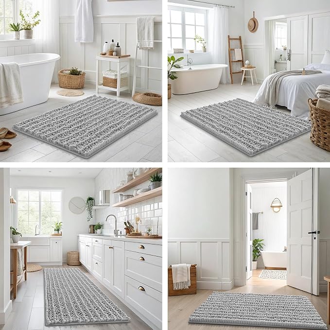 Smiry Bathroom Rugs 47X20, Extra Soft Rubber Backing Chenille Bath Mats | Light Grey Machine Washable Non Slip Quick Dry Bath Mats for Bathroom Floor, Tub, Shower, Home Decor Accessories