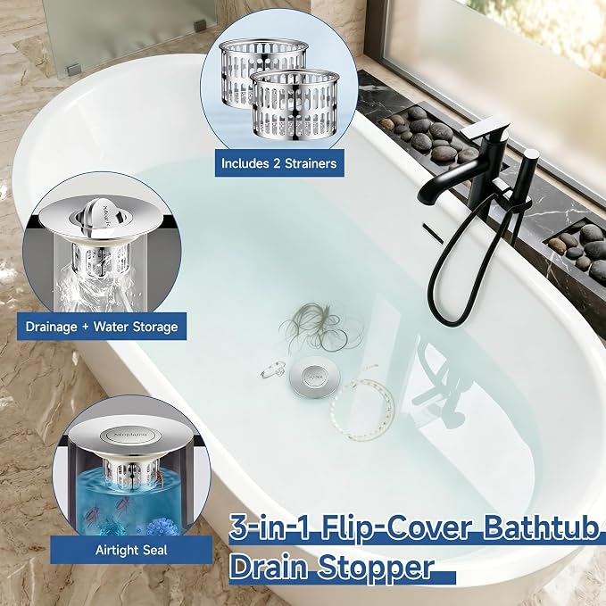 3-in-1 Flip-Cover Bathtub Drain Stopper, Muyiajou, Flush Design, Flip-Cover (No Springs), 2 Strainers, Fits 1.4"-2.6" Drains, Rustproof, Tool-Free(Silver)