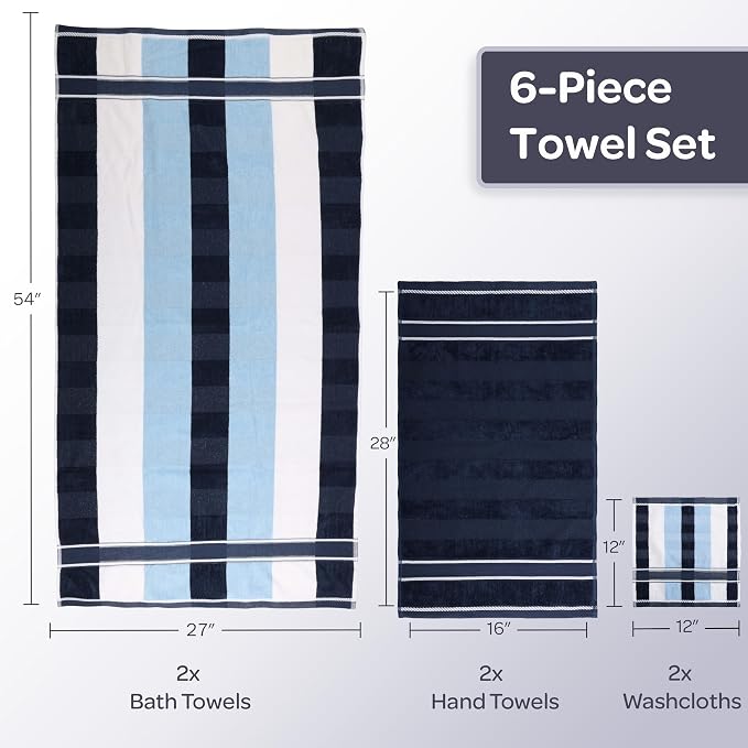 Lavish Home Bathroom Towels Set, Bathroom Accessories, Navy, Set of 6 | Includes 2 Bath Sheets, 2 Hand Towels, and 2 Wash Cloths, Soft 525 GSM 100% Cotton Set for Shower, Gym, Dorm, and Spa