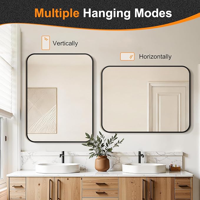 Delma Bathroom Vanity Mirror, Black Framed Mirror for Over Sink, 30x40 | HD glass, distortion-free for makeup and grooming, Sturdy frame, all mounting hardware, hangs horizontal or vertical