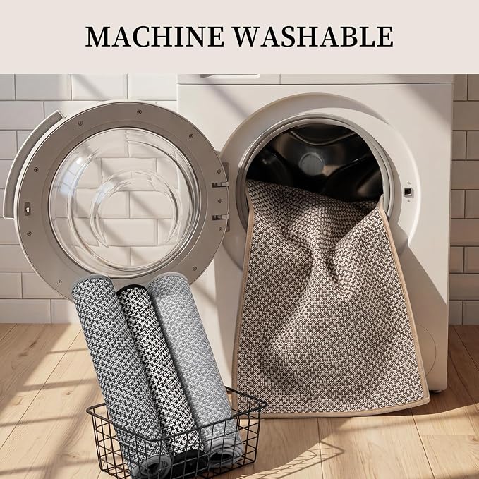 YIHOUSE Thin Bath Mat Khaki Bathroom Rugs Sets 3 Pieces, Non Slip Absorbent Bath Mats Quick Dry, Woven Braided Rugs Washable,Tapetes para Baño for Bathroom,Bathtub(17.5"x24"U+17"x24"+17"x47")