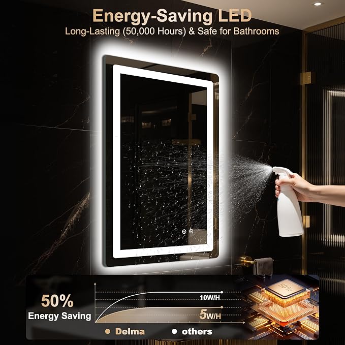 Delma 30x20 LED Bathroom Vanity Mirror with Lights, Anti-Fog, Dimmable | Front & Backlit with 3 Color Modes and Memory, 5mm Shatterproof Glass, Plug-in or Hardwired, Horizontal or Vertical