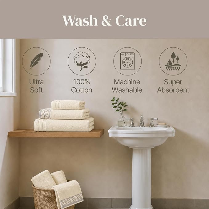 Modern Threads 6 Piece Cotton Bath Towel Set – Ultra Soft 550 GSM Towels – Bathroom Set with Hand Towels and Washcloths – Diamond Border (Ivory Cream)