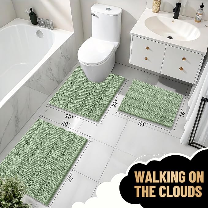 OLANLY Thick Chenille Bathroom Rugs Sets 3 Piece, 30"x20"+24"x16"+24"x20" | Sage Green, Absorbent Bath Mats and U-Shaped Contour Toilet Rug, Home Decor Accessories, Bath Mat Set for Bathroom